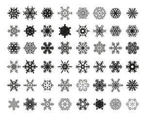 Set of different black snowflakes on a white background	
