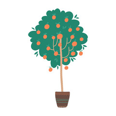 Potted Orange tree with fruits. Vector hand drawn illustration in a flat style isolated on white background.