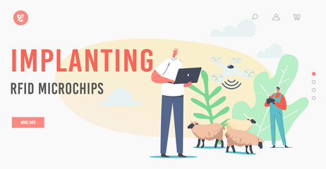 Implanting Rfid Microchips Landing Page Template. Shepherd Male Character Use Quadcopter and Rfid, Radio Tag