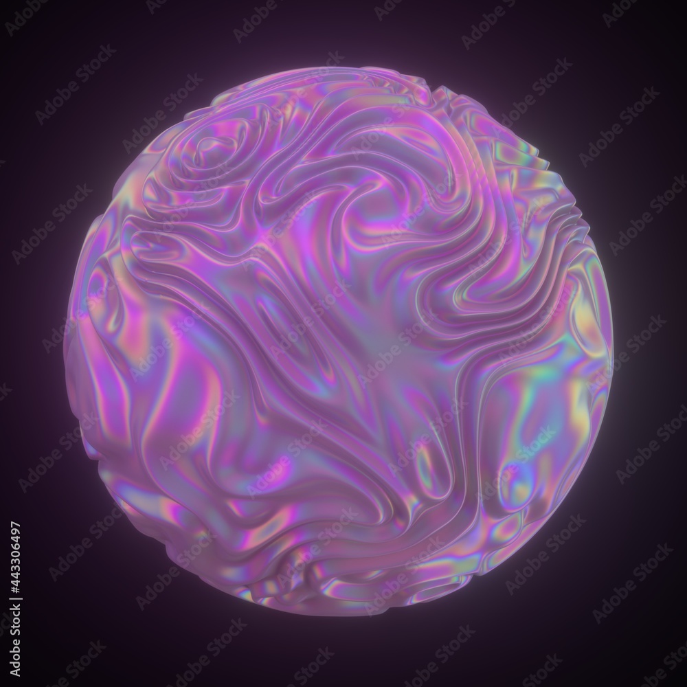 Poster abstract holographic sphere with rippled and glitched surface. 3d illustration in retrofuturistic sy