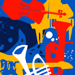 Music promotional poster with musical instruments colorful vector illustration. Violoncello, piano, euphonium, trumpet, guitar for live concert events, jazz music festivals and shows, party flyer - obrazy, fototapety, plakaty