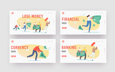 Characters Lose Money Landing Page Template Set. Investment in Financial Crisis, Profit and Loss Deflation and Inflation