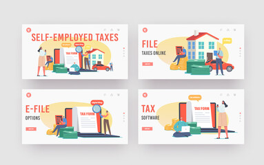 Tax E-Filling Landing Page Template Set. Characters Calculate Online Tax Payment. Tiny People Filling Huge Application