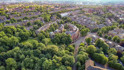 Low-level aerial image over the West End of Glasgow towards Gartnavel Hospital.