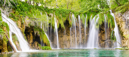Waterfall in Plitvice Lakes national Park at summer, Croatia. Waterfalls formed by mountain lakes...