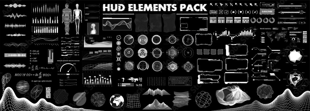 Poster Futuristic HUD, GUI collection interface elements for VR, UI design. Futuristic user interface big set. HUD, UI, graphic. Hi-tech digital graphic - frames, medical and business, infographics. Vector