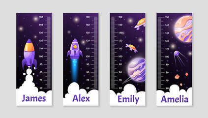 Set of Kids height chart or Growth ruler with cartoon fantasy planets and rockets. Vector isolated children illustration - obrazy, fototapety, plakaty