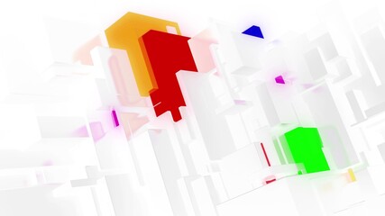 3d render. abstract light background with network of different sizes white bloks, some with multicolor glow. Visualisation of working ai with big data or blockchain technology. White matte glass.