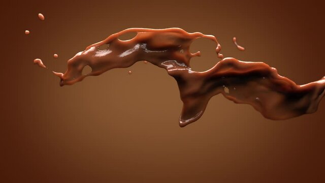Splash of Chocolate on dark background. 3D animation of brown liquid, alpha channel as matte mask included.