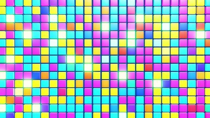 3d abstract simple geometric background with multicolor cubes. Random cubes flash with neon light on plane. Creative simple motion design background with 3d objects. 3d render
