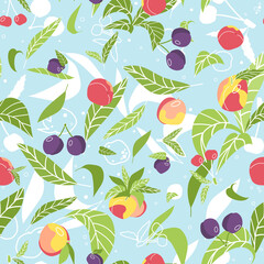 Bright summer fruits and berries seamless pattern. Vector illustration of cherries, peaches, plums, nectarines, leaves on blue background in flat style