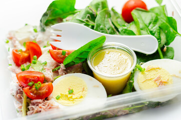 Healthy salad in the plastic food box, potato salad with hard boiled egg, shredded ham, cucumber, tomatoes, lettuce and spinach with a honey and mustard dressing pot