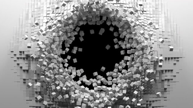 White cubes move out from the center of screen, a hole formed and reveals a black background. Abstract 3D animated intro. Alpha channel as matte mask included.