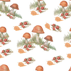 mushrooms amanita. forest plants. watercolor hand-drawn illustration. Print textile vintage realistic style clipart nature seamless pattern
