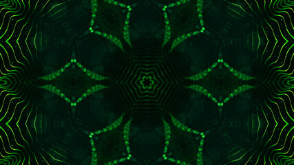 3d render. Green motion design background with symmetrical star pattern. Abstract sci-fi bg with glow particles form curved lines, surfaces, hologram or virtual digital space. Floral structure
