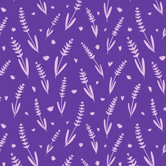 Hand drawn pattern decorative branches of lavender on lilac background. Perfect for textile, prints, packaging, scrapbooking, wrapping paper, gift bags or background. Digital illustration