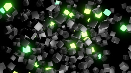 3d render. 3d abstract dark geometric background with gray cubes flash with green neon light in 4k randomly. Cubes fly in the air. Creative simple motion design bg with 3d objects.