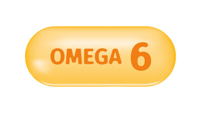 Golden glossy capsule with text Omega 6. Pill of fish oil, polyunsaturated fatty acid. Healthcare and beauty nutritional supplement. Vector realistic illustration.