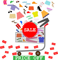 illustration with a shopping cart with different multicolored clothes and red labels with discounts