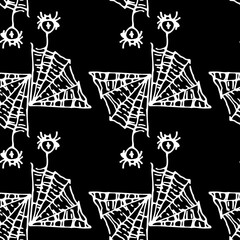 vector seamless pattern of a piece of triangular spider web with spiders hanging on them with a cross pattern geometrically arranged with a hand-drawn white line in the style of a doodle on a black ba