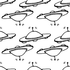 Vector seamless pattern of space transport black outline on a white background. flying saucer by space aliens. Vector illustration, hand-drawn in the style of an alien flying saucer that sends a signa