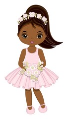 Black Girl in Pastel Pink Dress Holding Flowers