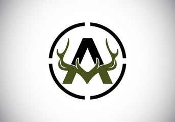 Letter A with deer antlers in target shape, flat style logo design vector template, Hunting inspirations symbol for corporate business identity