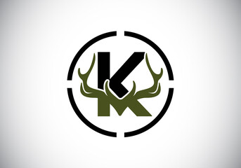 Letter K with deer antlers in target shape, flat style logo design vector template, Hunting inspirations symbol for corporate business identity