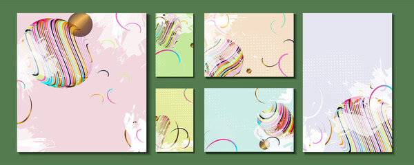 Elegant natural pastel muted pale calm tones card templates set. Collection of romantic invitations with gold abstraction background line color