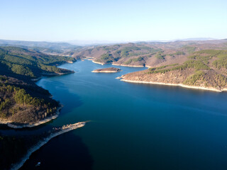 Obraz premium Aerial view of Topolnitsa Reservoir, Bulgaria