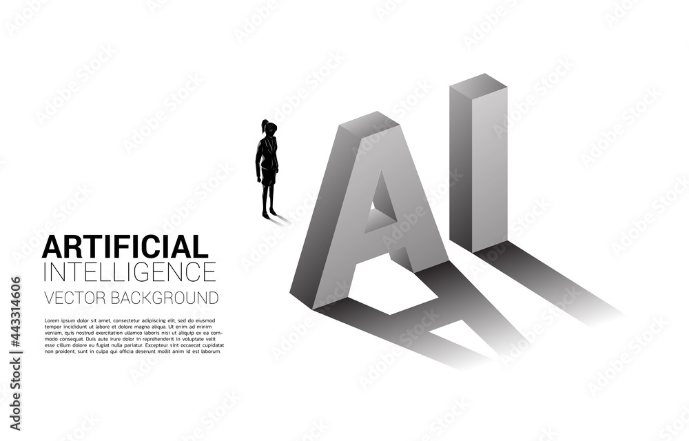 Poster silhouette of businesswoman standing with ai text 3d. business concept for machine learning and a.i 