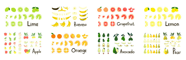 Fruit clipart bundle. Lemon lime orange grapefruit pear avocado apple banana. Fruits whole and cut, half and slices. Positive modern vector illustrations in flat style