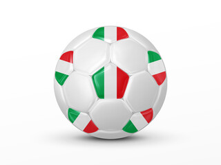 Fototapeta premium Soccer ball with the Italy national flag isolated on white background. Italy national football team concept. Isolated on white. Realistic 3d vector illustration
