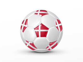 Soccer ball with the Denmark national flag isolated on white background. Denmark national football team concept. Isolated on white. Realistic 3d vector illustration
