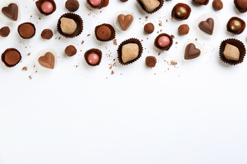 Different delicious chocolate candies on white background, flat lay. Space for text