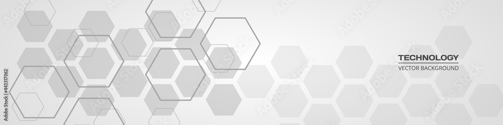 Aufkleber Abstract hexagonal medical soft grey horizontal banner. Technology abstract wide background with hexagonal elements. Innovation medicine, science, healthcare technology or science design.