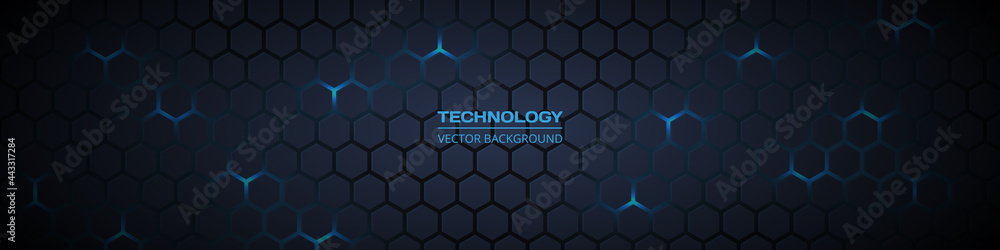 Poster Dark grey and blue horizontal hexagonal technology abstract vector background. Blue bright energy flashes under hexagon in futuristic modern technology wide banner. Dark grey honeycomb texture grid.