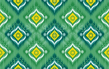 Ikat ethnic seamless pattern design. Aztec fabric carpet mandala ornament boho chevron textile decoration wallpaper. Tribal traditional embroidery patterns vector illustrations background.