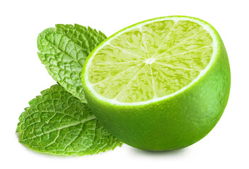 Delicious lime half and mint, isolated on white background