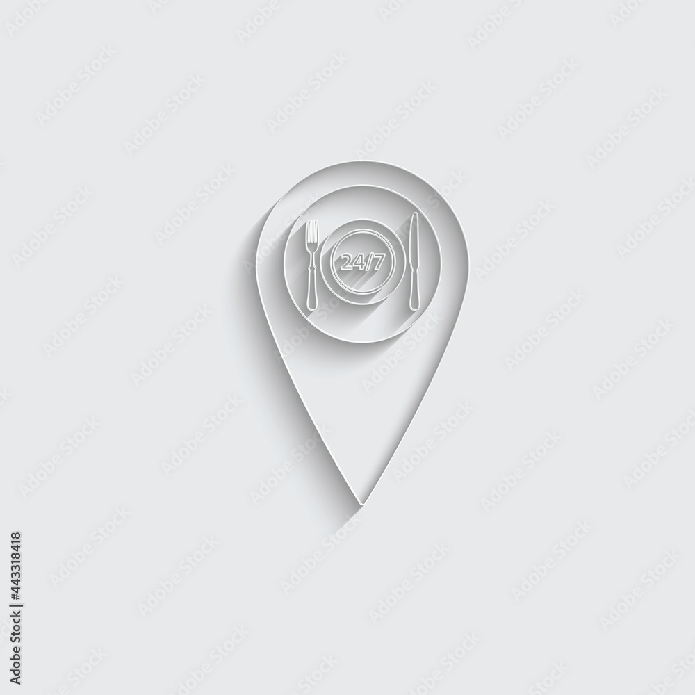 Poster paper map pointer with food icon. icon 24 hour food icon sign