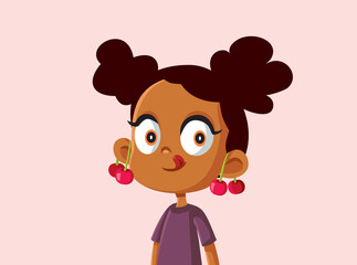 Cute African Girl with Cherries on Her Ears Vector Illustration