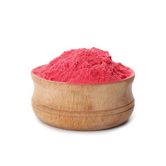 Red powder dye in bowl on white background. Holi festival