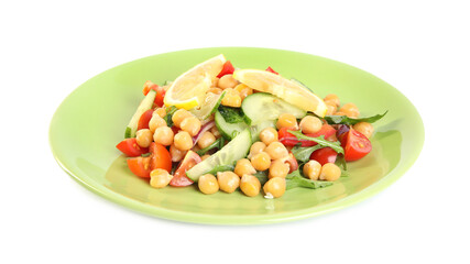 Plate with delicious fresh chickpea salad isolated on white