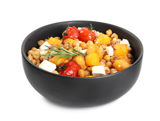 Bowl with delicious fresh chickpea salad isolated on white