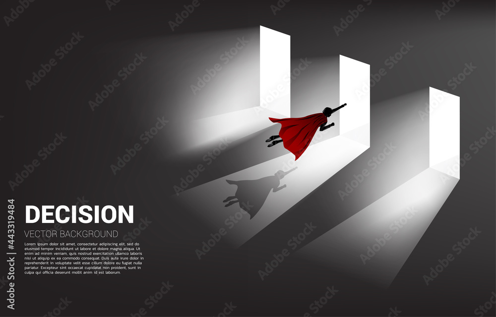 Poster time to make decision in business direction. silhouette of businessman flying to select door to ente