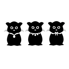 Vector illustration of three black cats graphics. Cat with funny expression has different necklace on white background. Perfect for web and logo designs.