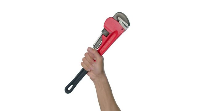 Hand of plumber with pipe wrench on white background