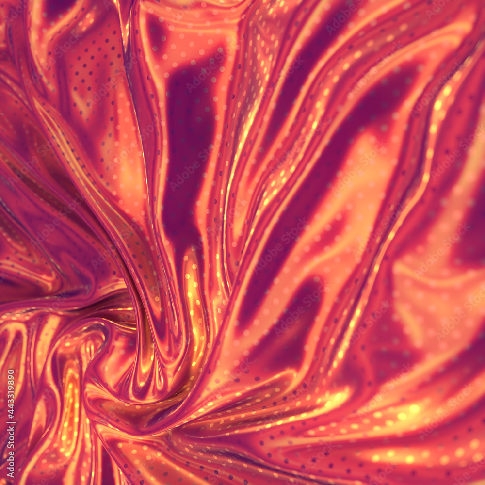 Poster psychedelic close up view of colored crumpled silk cloth with polka dot geometric pattern. 3d render