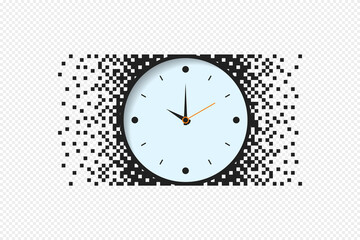 Watch. Hands of the clock, minutes of the scale, seconds. Pixel design, movement, dissolution. A vector object on an isolated transparent background.