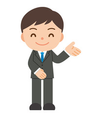 笑顔で案内するスーツを着た男性